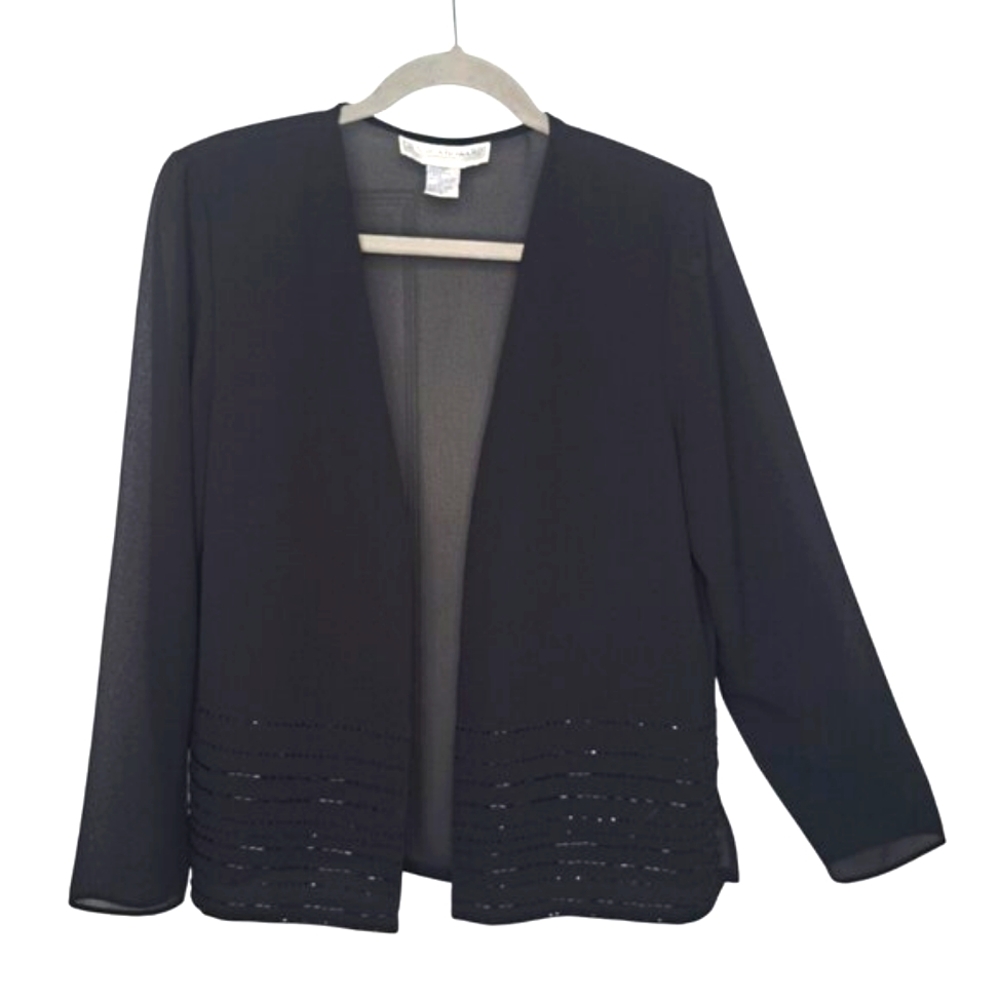 Jessica Howard Black Beaded Open Front Cardigan Layering Shoulder Pads Size 8